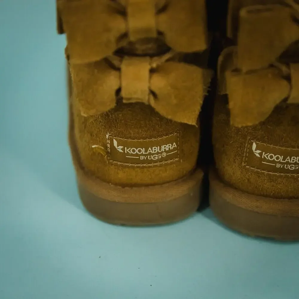 Ugg Koolaburra Size 3 Attie Brown Suede Bow Detail Pull On Sherpa Fleece Boots